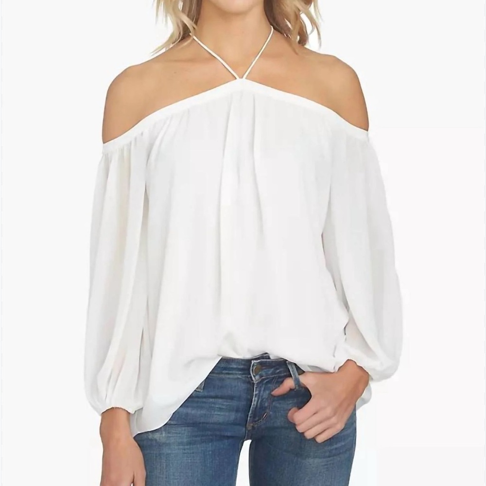 1.STATE Women's Long Sleeve High Neck Blouse Large Ivory